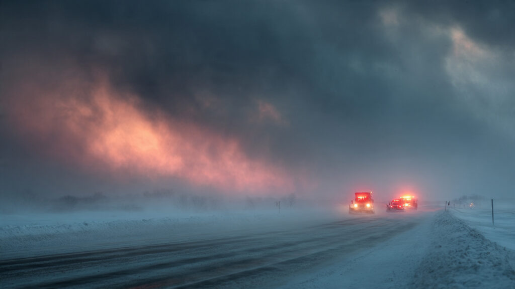 Minnesota winter storm snow-covered highway plows and blowing snow