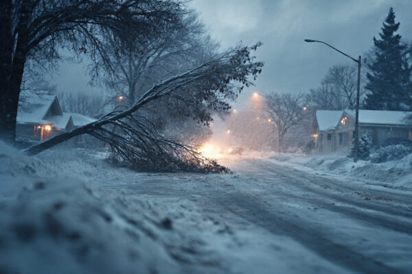 Minnesota: heavy snow covering roads, high winds blowing trees