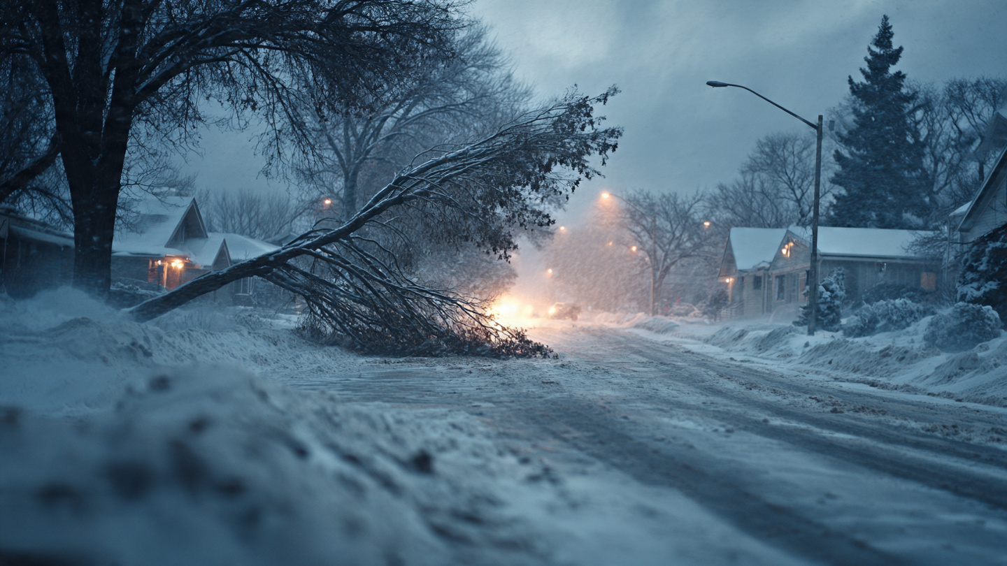 Minnesota: heavy snow covering roads, high winds blowing trees