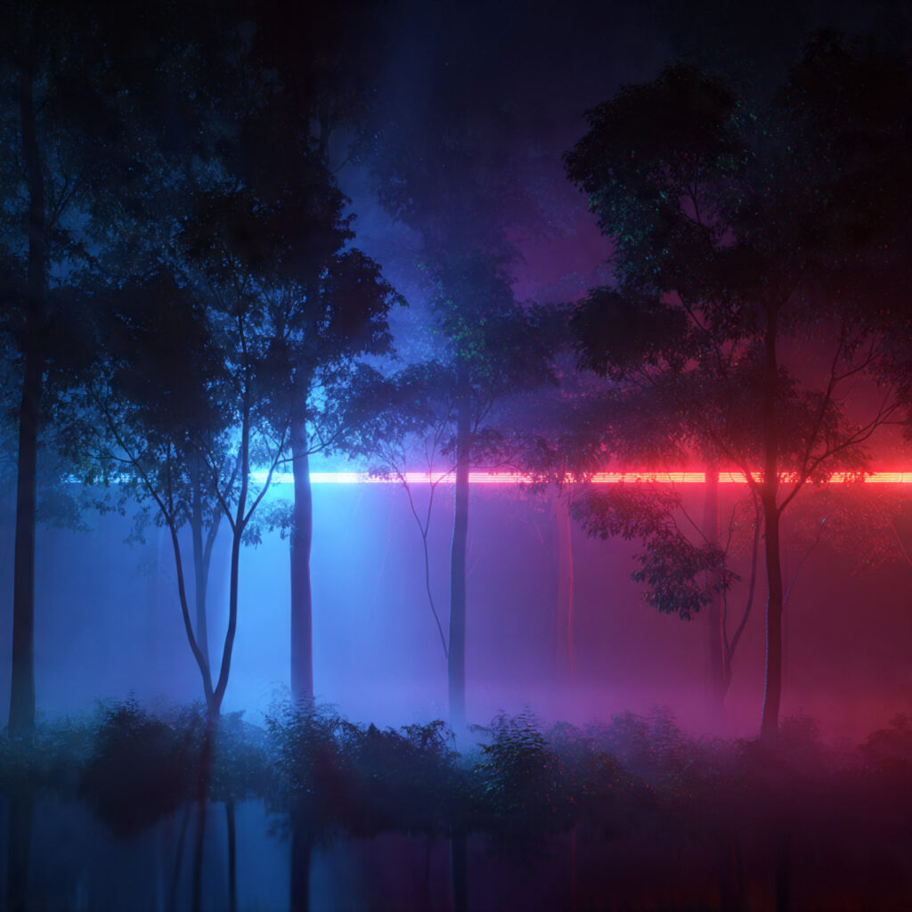 Mysterious neon-lit forest and Hawkins-style background with fog, red and blue tones, subtle supernatural atmosphere, inspired by Stranger Things but without copyrighted characters, cinematic composition, crisp details, dramatic lighting, 4K.
