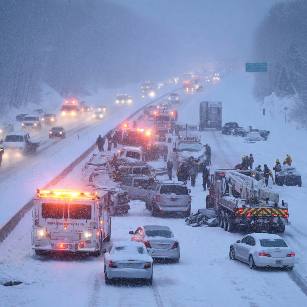 Pileup on Minnesota highway during early-season winter storm