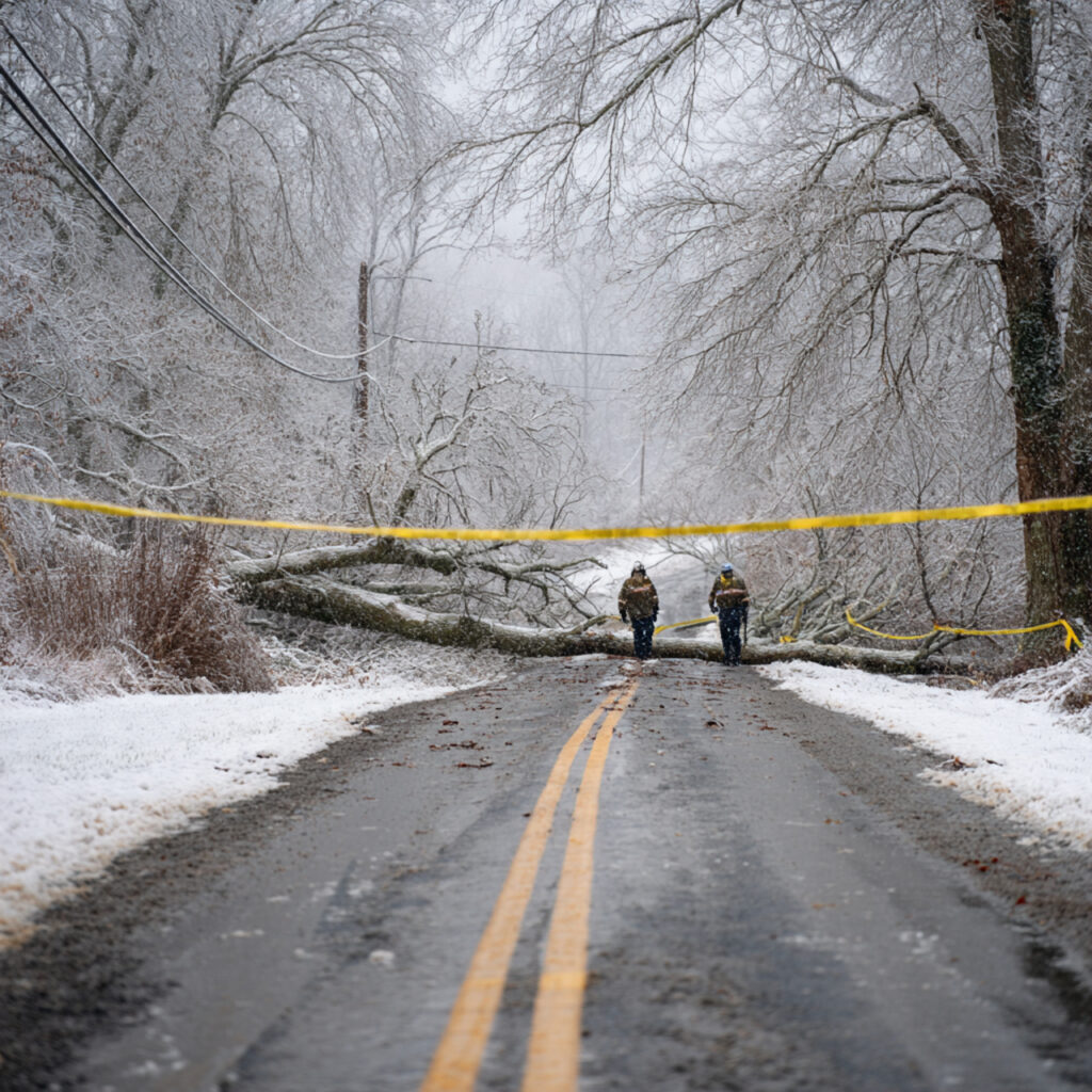 Fallen tree after heavy snow in NE Minnesota fatality scene